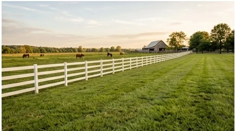 White vinyl horse pasture fence on a Middle Tennessee farm